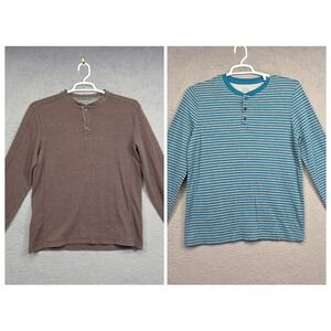 St Johns Bay Henley Thermal Shirt Mens M Lot of 2 Blue Striped Brown Long Sleeve